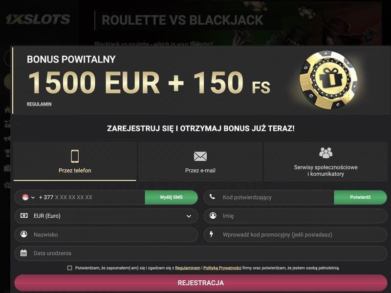 Rejestracja na oficjalnej stronie kasyna 1xSlots