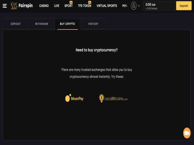 Si vous n'avez pas de crypto-monnaies, vous pouvez acheter des crypto-monnaies au casino FairSpin blockchain