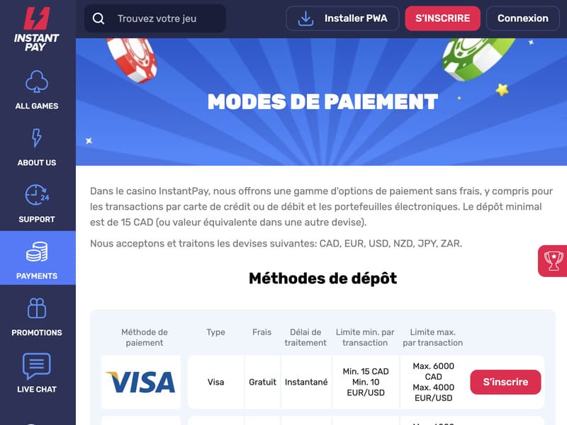 Inscription au casino en ligne InstantPay